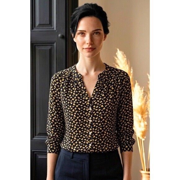 JODIFL Tops - Jodifl Black Yellow Lemon Fruit Print Woven V-Neck 3/4 Sleeve Blouse M G5536-2